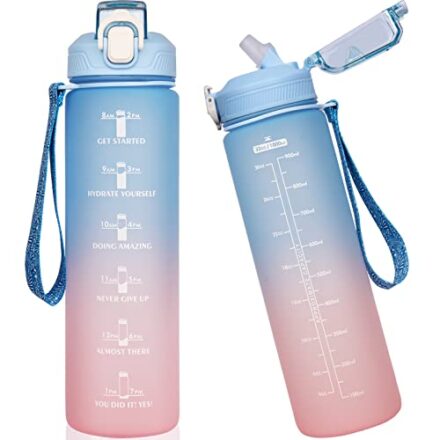 DEARRAY 1l / 1 liter Sport Trinkflasche mit Strohhalm & Zeitmarkierung BPA-frei Motivation Wasserflasche mit Uhrzeit Motivierend Sportflasche für Gym, Fitness, Wandern (Hellrosa/Hellblau)  